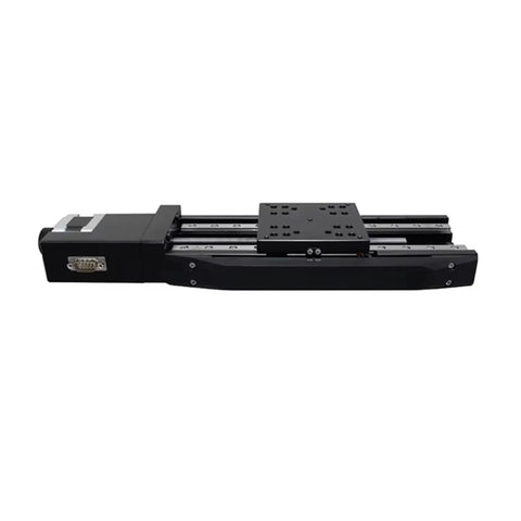 Rock Solid Motorized Linear Translation Stage Spot On Precision Displacement Platform With Stepper Motor and Elastic Coupling side view showing black aluminum frame.