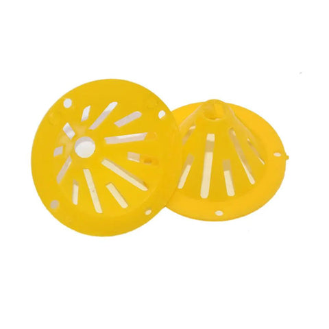Two yellow plastic cones from One Way Beehive Entrance Gate Cone Tool Set For Beekeeping Yellow 10 Pieces Durable Plastic Bee Escape Equipment