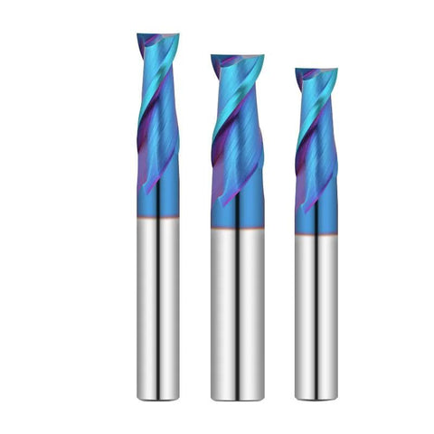 Three blue 2-flute solid carbide end mills with silver shanks for metal and wood machining