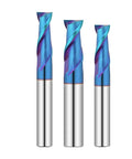 Set of three blue-coated 2-flute solid carbide CNC end mills with silver shanks