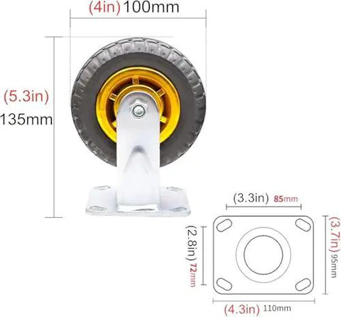 Heavy Duty Rubber Swivel Casters Set Of Four Rolls Like Butter Smooth Rolling Wheels For Furniture And Moving Carts Real Workhorse Build Sealed Ball Bearings dimensions showing 4-inch wheel and galvanized steel base.