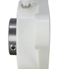Side view of 1-1/4 Inch Stainless Steel Thermoplastic Two-Bolt Flange Bearing With Two Set Screws Plastic Housing And Grease Zerk Shaft