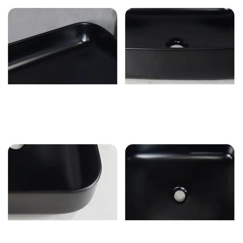 USZWBY Vessel Sinks Modern Simple Household Black Wash Basin Ceramic Above Counter Hotel Bathroom Countertop Bathroom Bowl Sink close-up view of sleek black ceramic edge with drain hole
