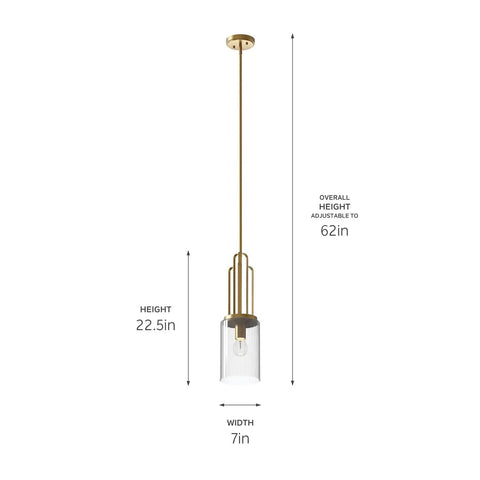 One Light Mini Pendant With Clear Fluted Glass In Brushed Natural Brass Finish, adjustable height 62in, for kitchens or hallways.