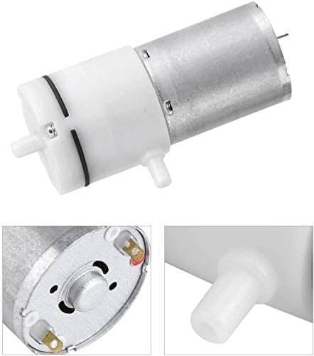 Compact 12V DC Air Pump Booster With Silent High Flow Mini Design showing aluminum and plastic construction, close-up views.