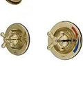 Old-School Double-Handle Pressure-Balanced Tub And Shower Faucet In Polished Brass Wall-Mount Design Durable Brass Construction Washerless Cartridge One Half Inch NPT Connection.