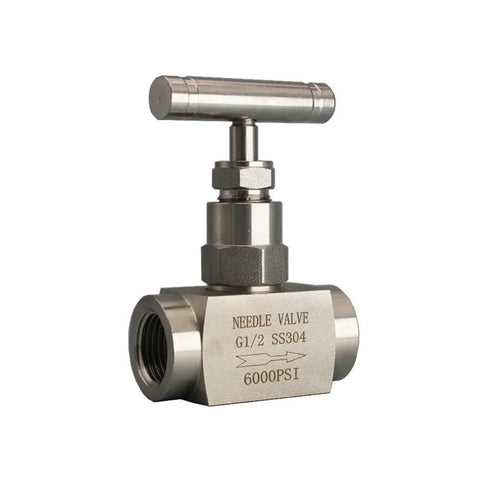 Needle valve, stainless steel SS304, 1/2 in G1/2 female thread, through-plate type, front view