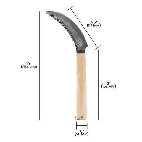 One Handed Berry Harvest Sickle Knife With 4.5 Inch Curved Serrated Carbon Steel Blade, beige wooden handle, dimensions labeled