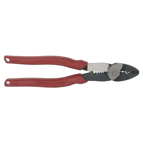 USA Made Wire Cutter, Stripper, and Crimp Tool With Shear Cutter, close-up of red-handled tool with hardened nose