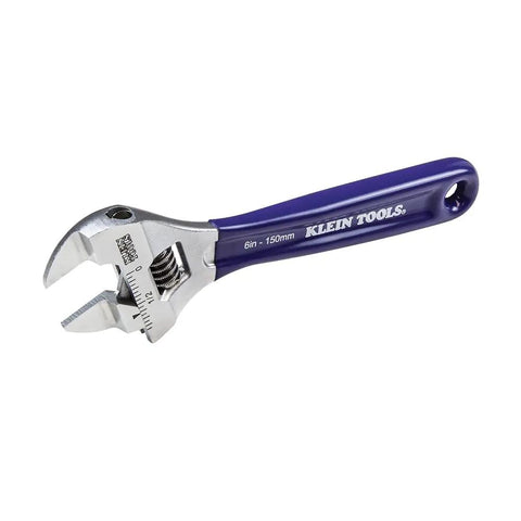 6 Inch Adjustable Wrench With Slimmer 40 Percent Jaws And A High Polish Chrome Finish, Forged For Tough Jobs, A Real Workhorse For Tight Gas Lines, Pumps And Motors, Extra Wide Jaw For More Capacity, ASME Compliant Hand Tool, side view.