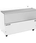 Straight Up Commercial Cold Wall Milk Cooler Built Like A Rock With Stainless Interior And Fresh White Exterior Single Door Beverage Case Featuring Heavy Duty Casters For Busy Restaurants, side view.