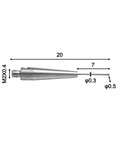 CMM probe stylus with M2x0.4 thread and 0.5 mm carbide ball tip, 20 mm overall length.
