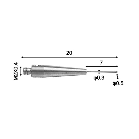 CMM probe stylus with M2x0.4 thread and 0.5 mm carbide ball tip, 20 mm overall length.