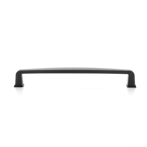 Front view of a handle from the 5 Pack Solid Matte Black Cabinet Handles For Kitchen Drawers Cabinets Cupboards, 6-1/4 Inch Center to Center Screws.