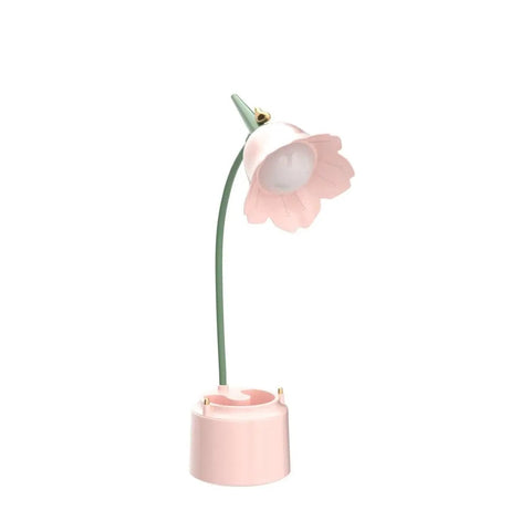 Rechargeable Kids Desk Lamp With 360 Degree Flexible Gooseneck Eye Care LED Light Touch Control Dimmer Three Brightness Levels Pen Holder Flower Design Pink Room Decor Gift Box Included