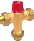 ZW1017XL AquaGard Three Quarter Inch Thermostatic Mixing Valve with red cap, includes FNPT tailpieces and union nuts