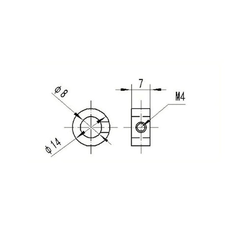 8mm shaft lock collar, stainless steel, front and side views showing bore Ø8 and outer Ø14 with M4 screw hole