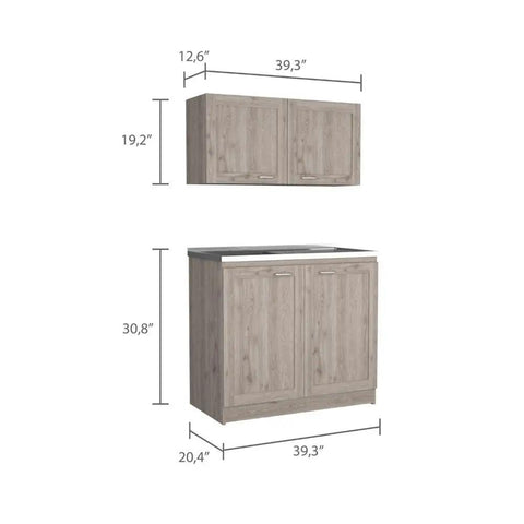 Totally Fresh Two Part Storage Cabinet In Light Gray Featuring Heavy Duty Engineered Wood Craft And Huge Countertop Area dimensions, top and bottom sections shown.