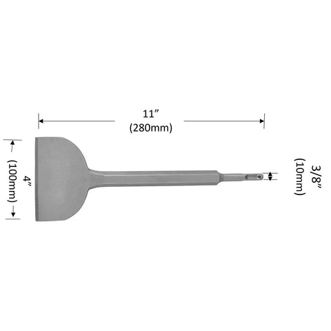 4 Inch Wide Tile And Thinset Scaling Chisel With SDS Plus Shank 11 Inch Long Thinset Scraper For Walls And Floors, dimensions shown