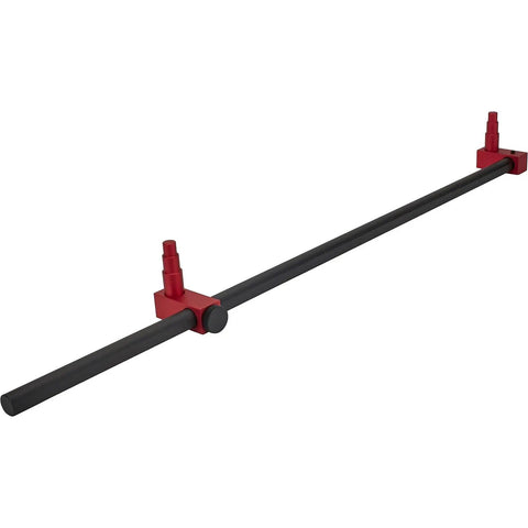 32 Inch Adjustable Radius Rod Length Gauge Bar For Precision Setting Of Tie Rods Drag Links And Four Link Tubes Fits 1/2 5/8 And 3/4 Inch Rod Ends Heavy Duty Tool For Hot Rod Builders And Custom Fabrication, black steel bar with red adjustable rod-end mounts