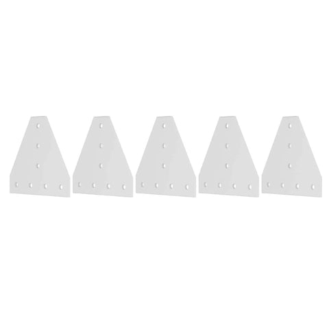 Five-pack of Seven Hole Aluminum Joining Plate Connector for frames, tables, beds, and shelves in silver white finish, side view.