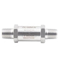 Front view: Inline 316 stainless steel filter with male NPT ends, 5 micron rating, 3/8 in to 1/2 in connections