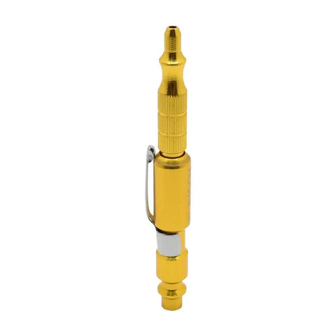 Straight Shooting Aluminum Air Blow Gun With Adjustable Pressure Dial And Concealed Pocket Clip 1/4 Inch Industrial Plug viewed from the side.