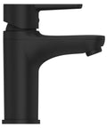 Side view of Dope Matte Black Single Hole Bathroom Sink Faucet, One Handle Design With Push And Seal Drain, NSF Certified.