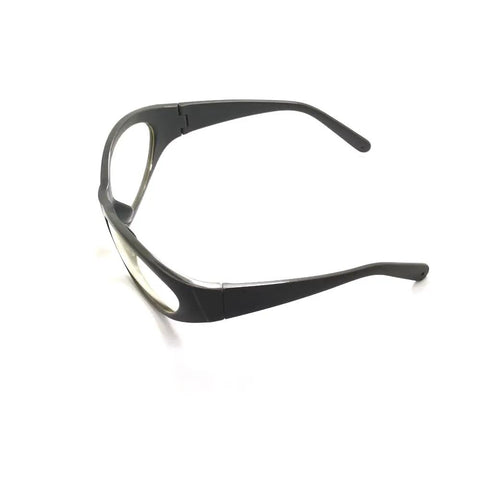 Pro Grade Erbium Laser Safety Glasses Feature Crystal Clear Lenses That Deliver Top Shelf OD6Plus Protection From 2700 To 3000Nm For Professional Dermatology And Beauty Clinic Use Today, side view, black frame.
