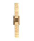Natural Alabaster Brass Wall Sconce, Modern Indoor Bathroom Vanity Light with dual alabaster shades and bronze fixture design.