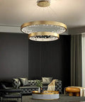 Modern K9 Crystal Chandelier, Dimmable LED Ceiling Pendant Light, Gold Circle Hanging Lamp in stylish living room setting.