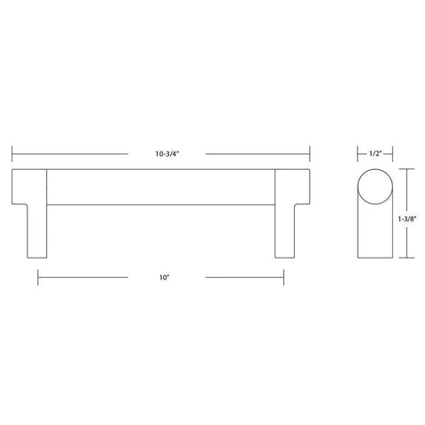 Technical drawing of Emtek Select Knurled Cabinet Pull In Satin Brass Stem Finish, US4 center-to-center 10-inch, 1 3/8-inch projection.