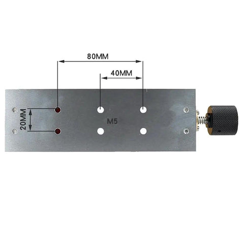 Rock Solid 100MM Aluminum Engraving Machine Vise With Lock Tight Jaw Fixture And M5 Bolt Kit top view showing M5 fix holes, dimensions of 80MM and 40MM.