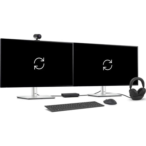 Dual monitors beside a keyboard, mouse, and headphones connected to Smooth As Butter Thunderbolt 5 Docking Station Featuring 12 Versatile Ports And Quad Monitor Support For Lightning Fast Sync Plus Reliable 300W Charging To Get Your Workflow Locked In Tight.
