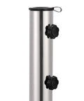 Close-up of stainless steel stand from Rock Solid Parasol Base In Black Granite With Stainless Steel Construction Square Design.
