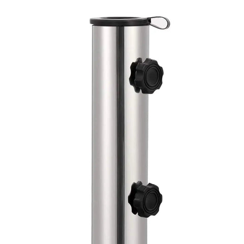 Close-up of stainless steel stand from Rock Solid Parasol Base In Black Granite With Stainless Steel Construction Square Design.