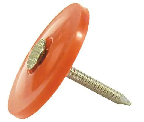 One Inch Twelve Gauge Annular Ring Thirty Four Stainless Steel Plastic Cap Nails For Roofing And House Wrap Hella Durable With Badass Hold Acq Lumber Safe Rock Solid Five Hundred Pack Build Essential close up image showing detailed orange cap and metal screw.