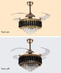TTbhfui 42 Inch 3-Color Invisible Crystal LED Ceiling Fan Light with Remote in on and off states, featuring chic design and crystal accents.