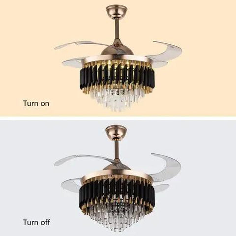 TTbhfui 42 Inch 3-Color Invisible Crystal LED Ceiling Fan Light with Remote in on and off states, featuring chic design and crystal accents.