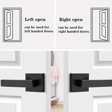 Front view of 4 Pack Matte Black Dummy Door Handles For Interior Doors Non Turning No Lock Lever Set installed on left and right-handed doors.