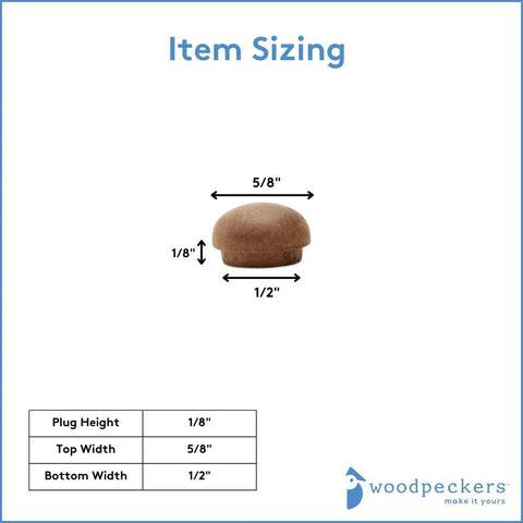One Half Inch Button Top Walnut Wood Furniture Plugs For Screw Holes Pack Of Twenty Five Easy To Install sizing diagram