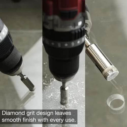 NEIKO 5-piece diamond hole saw set, 1/4 in shank, sizes 5/32–1/2 in, for glass and ceramics; close-up view