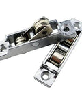 Prime Grade Stainless Steel Double Wheel Sliding Door Rollers And Window Track Pulleys for Rustproof Heavy Duty Glide Hardware Replacement Flat Base Fit That Runs Bulletproof, close-up view showing dual rollers.