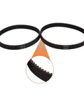 6mm Closed Loop Timing Belt One Piece Built For Precision CNC And 3D Printers With 162 164 166 168 170 172 174 176 178 180 182 184 186 188 190mm Lengths 2GT Series Built To Last Rugged Durable Rubber Drive Belt, showing two belts with close-up detail.