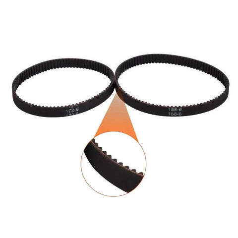 6mm Closed Loop Timing Belt One Piece Built For Precision CNC And 3D Printers With 162 164 166 168 170 172 174 176 178 180 182 184 186 188 190mm Lengths 2GT Series Built To Last Rugged Durable Rubber Drive Belt, showing two belts with close-up detail.