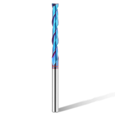 Extra Long Spiral Upcut Router Bit With One Quarter Inch Shank And One Quarter Inch Cutting Diameter, Four Inch Overall Length And Two Inch Cutting Length, Solid Carbide CNC Bit With Nano Blue Coating For Woodworking Mortises Slots And Trim