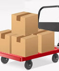 Heavy Duty Flatbed Hand Truck With Foldable Plastic Platform Four Wheel Cart For Easy Parcel And Load Moving, Multi Size Adjustable Trolley For Home Garage And Warehouse Use, red flatbed cart with boxes