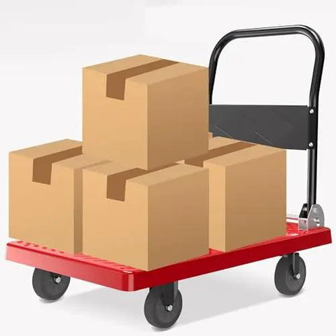 Heavy Duty Flatbed Hand Truck With Foldable Plastic Platform Four Wheel Cart For Easy Parcel And Load Moving, Multi Size Adjustable Trolley For Home Garage And Warehouse Use, red flatbed cart with boxes