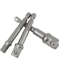 Heavy Duty Impact Socket Adapter Set For Impact Drivers And Drills Three Piece Conversion Kit displayed with metal finish