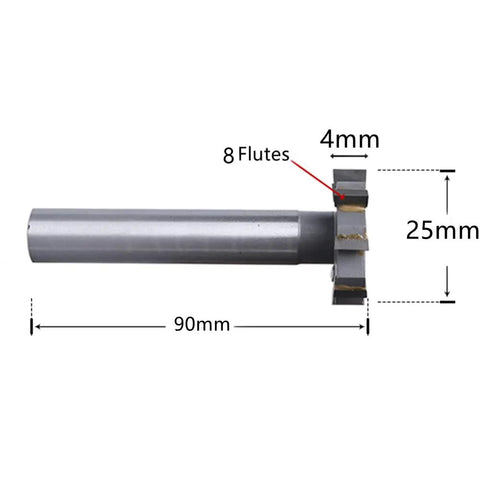 Side view of T Slot End Mill Milling Cutter With 8 Flutes High Speed Steel Woodruff Keyseat Cutter Half Round Keyway Straight Shank 25mm Diameter